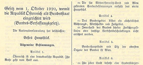 Auszug aus dem Bundesverfassungsgesetz, gelber Hintergrund mit schwarzer Kurrentschrift: Gesetz vom 1. Oktober 1920, womit die Republik Österreich als Bundesstaat eingerichtet wird (Bundes-Verfassungsgesetz). Die Nationalversammlung hat beschossen...weiterer Gesetzestext, sehr klein und unleserlich